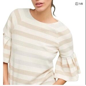 Anthropologie Maeve Helsa Stripe Ruffle Sleeve Cream Sweater SZ Small